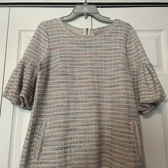 LOFT Tweed Mini Dress Side Pockets Puff Sleeves Multicolor Over Ivory Si… - Picture 8 of 8